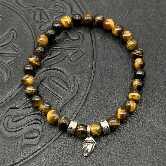 Chrome Hearts Pulseira de contas cruz marrom prata olho de tigre contas de pedra pulseira de encanto 7