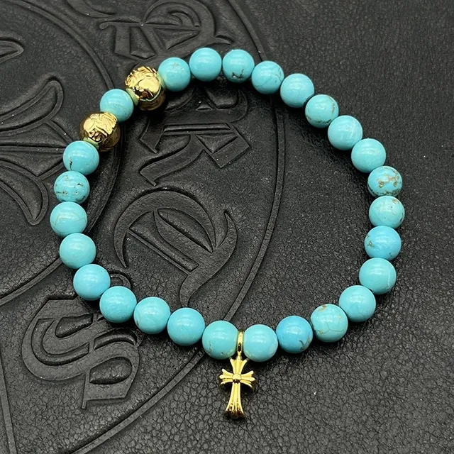Chrome Hearts Pulseira de contas cruz marrom prata olho de tigre contas de pedra pulseira de encanto 8
