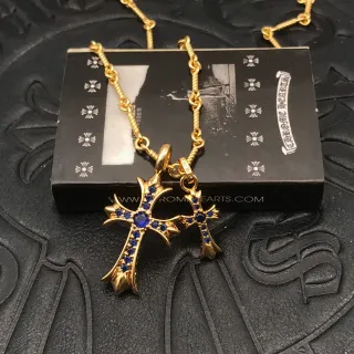 Chrome Hearts Cross Gold Blue Twisted Rope Chain Gothic Silhouette Necklace