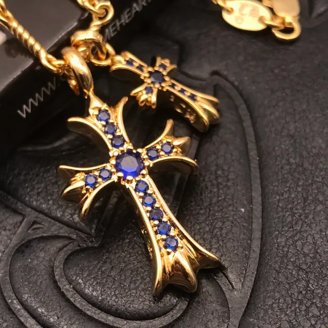 Chrome Hearts Croix Or Bleu Chaîne en Corde Tordue Silhouette Gothique Collier 5