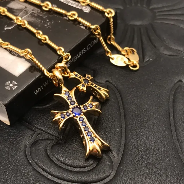 Chrome Hearts Croix Or Bleu Chaîne en Corde Tordue Silhouette Gothique Collier 6