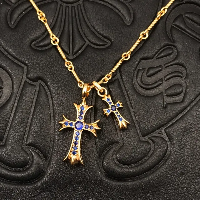 Chrome Hearts Croix Or Bleu Chaîne en Corde Tordue Silhouette Gothique Collier 7