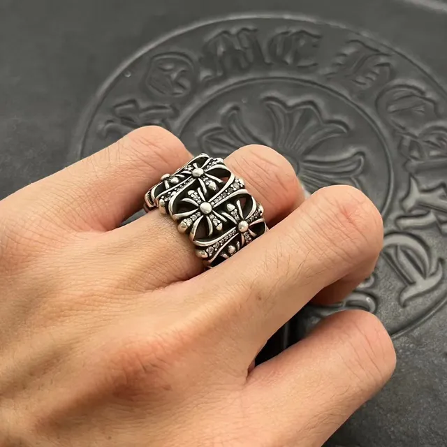 Chrome Hearts Motif Croix Argent Noir Oxydé Bande Large Anneau 2
