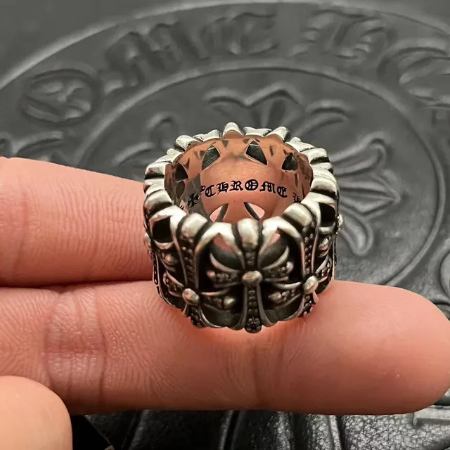 Chrome Hearts Motif Croix Argent Noir Oxydé Bande Large Anneau 3