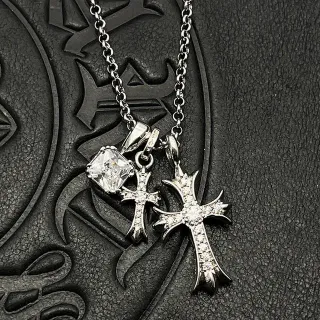 Chrome Hearts Cross Pendant Necklace Silver White Gothic Pave-Set Necklace