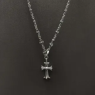 Chrome Hearts Cross Pendant Ornate Floral-Link Silver Necklace