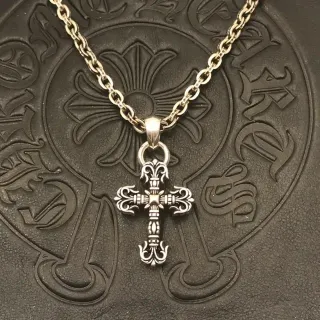 Chrome Hearts Cross Pendant Silver-Toned Ornate Necklace