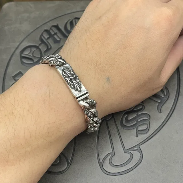 Chrome Hearts سوار سلسلة كيرب فضي نقشة صليب زهري ثقيلة 2