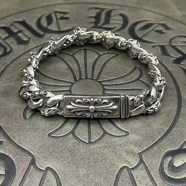 Chrome Hearts سوار سلسلة كيرب فضي نقشة صليب زهري ثقيلة 5
