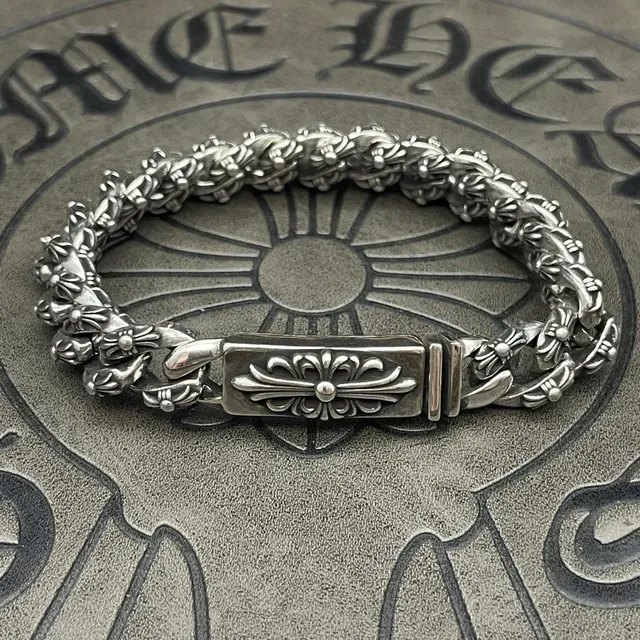 Chrome Hearts سوار سلسلة كيرب فضي نقشة صليب زهري ثقيلة 6