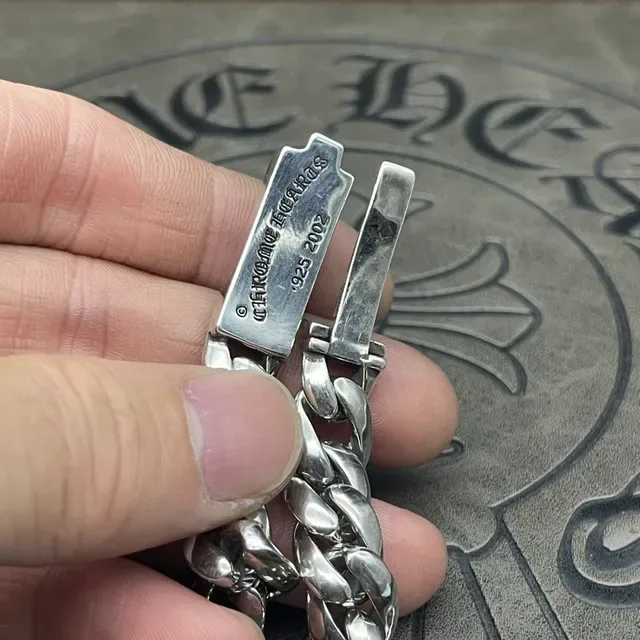 Chrome Hearts سوار سلسلة كيرب فضي نقشة صليب زهري ثقيلة 7