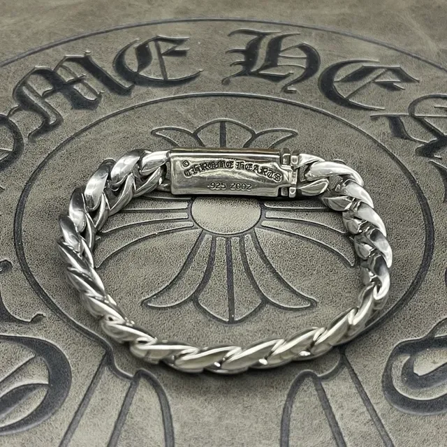 Chrome Hearts سوار سلسلة كيرب فضي نقشة صليب زهري ثقيلة 8