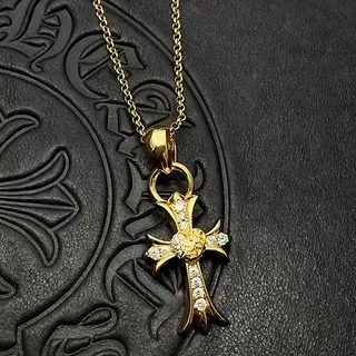 Chrome Hearts Gold White Gothic Cross Pavé-Set Stones Necklace