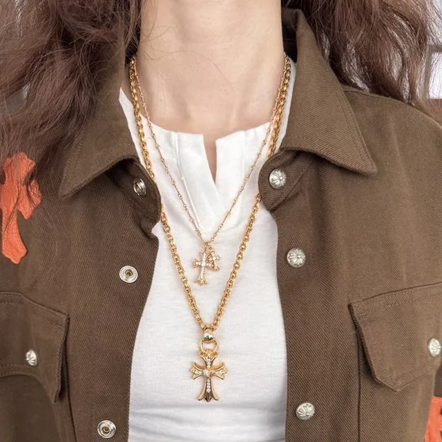 Chrome Hearts Collier avec Croix Gothique Or Blanc et Pierres Pavé-Set 5