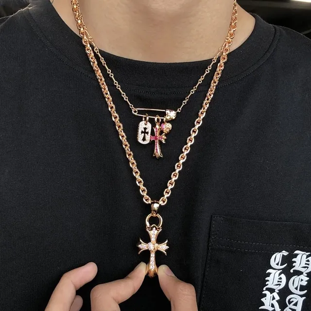 Chrome Hearts Collier avec Croix Gothique Or Blanc et Pierres Pavé-Set 6