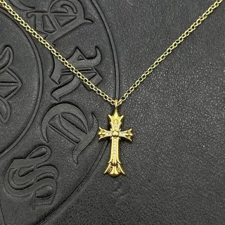 Chrome Hearts Gothic Cross Paved Stone Gold-Tone Necklace