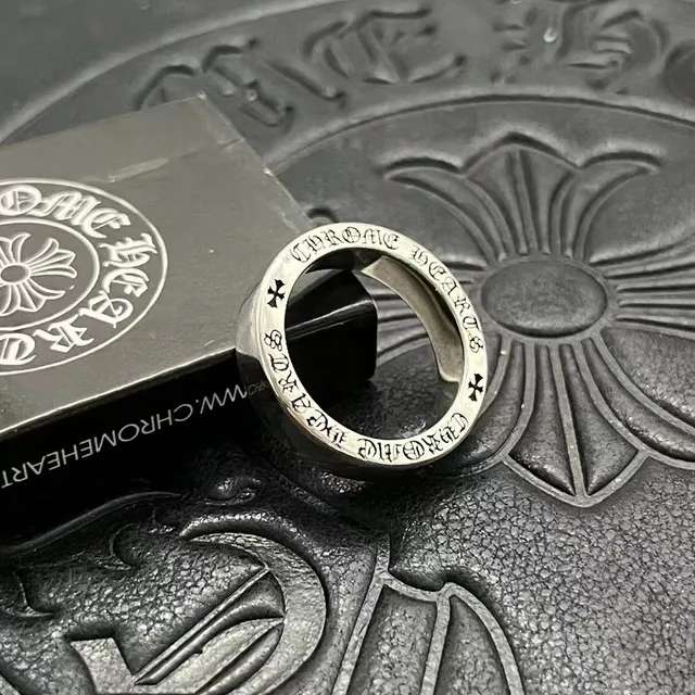 Chrome Hearts Silver Black Wide Band Engraved Text Ring 6