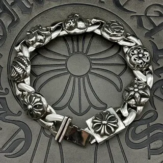 Chrome Hearts Silver Heavy Curb Link Ornate Floral Medallions Bracelet
