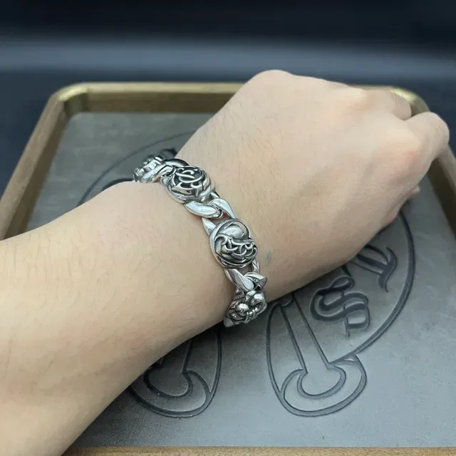 Chrome Hearts Silver Heavy Curb Link Ornate Floral Medallions Bracelet 2
