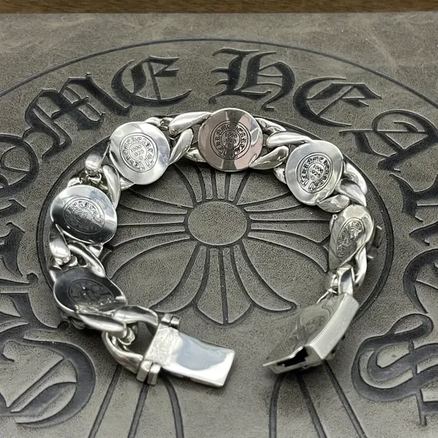 Chrome Hearts Silver Heavy Curb Link Ornate Floral Medallions Bracelet 3