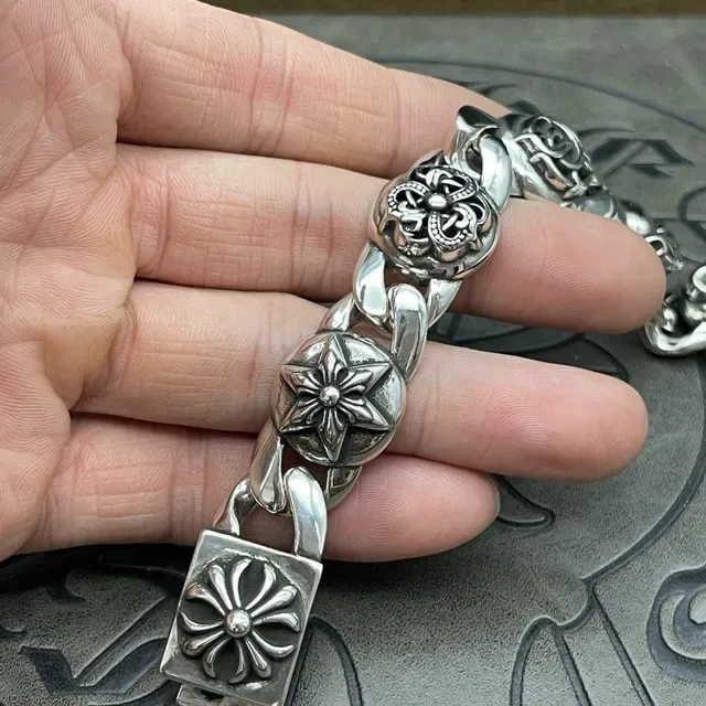 Chrome Hearts Silver Heavy Curb Link Ornate Floral Medallions Bracelet 4