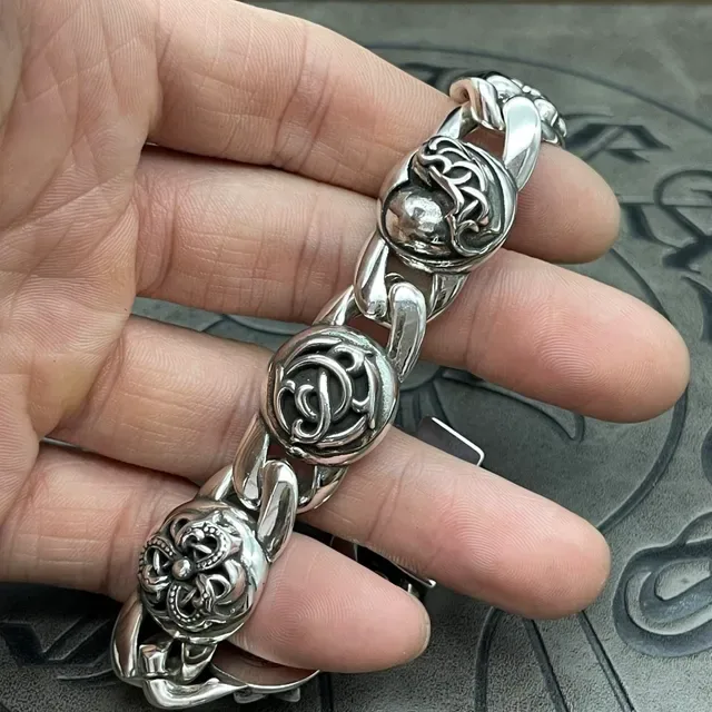 Chrome Hearts Silver Heavy Curb Link Ornate Floral Medallions Bracelet 5