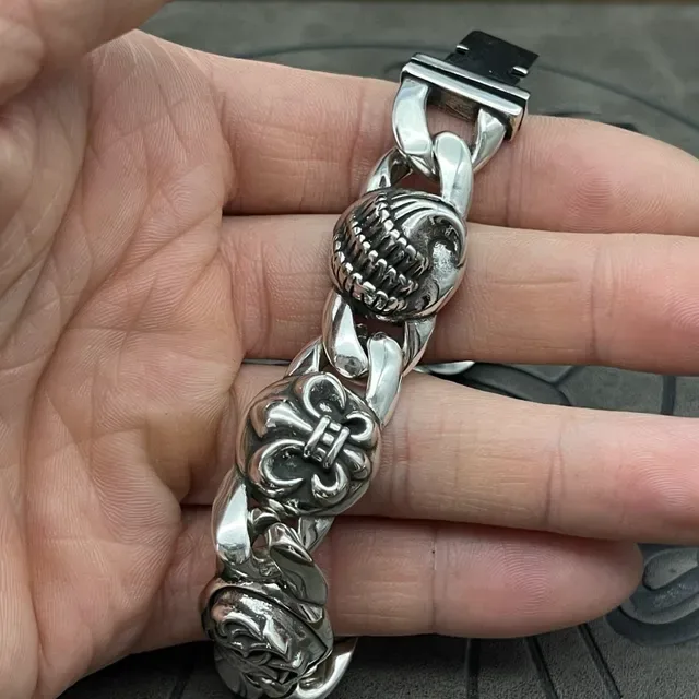 Chrome Hearts Silver Heavy Curb Link Ornate Floral Medallions Bracelet 6