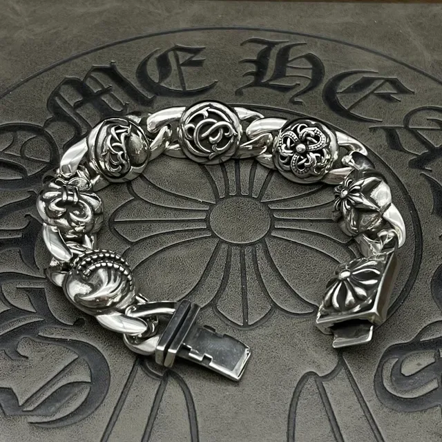 Chrome Hearts Silver Heavy Curb Link Ornate Floral Medallions Bracelet 7