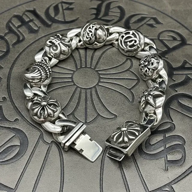 Chrome Hearts Silver Heavy Curb Link Ornate Floral Medallions Bracelet 8