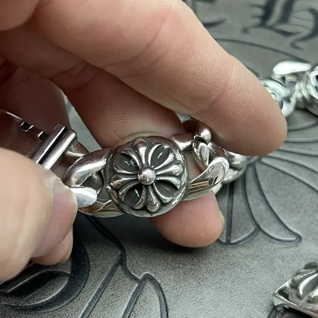Chrome Hearts Silver Heavy Curb Link Ornate Floral Medallions Bracelet 9
