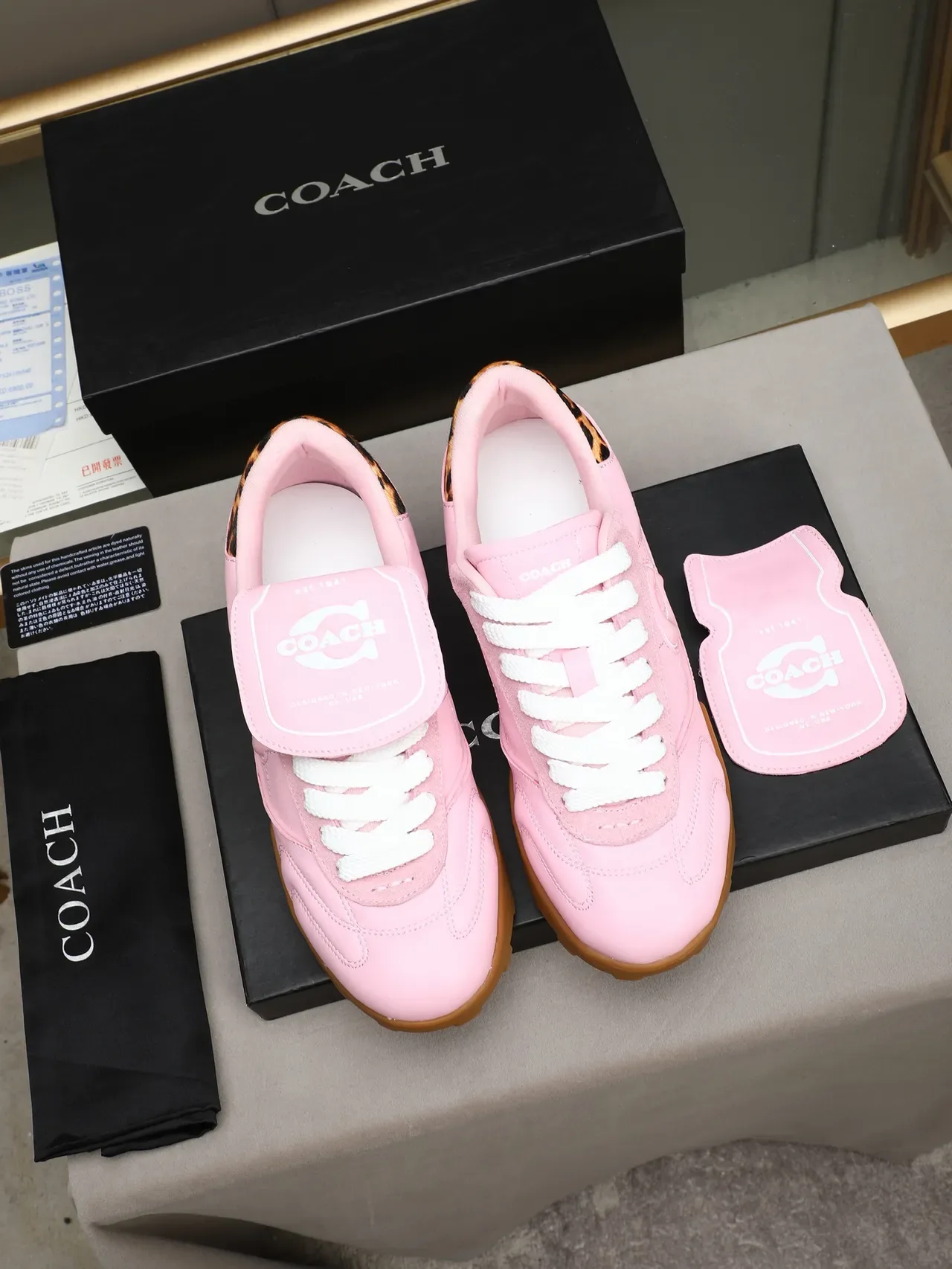 Coach Pink Brown Suede And Leather Upper Leopard-Print Heel Tab Lifestyle Sneakers 2