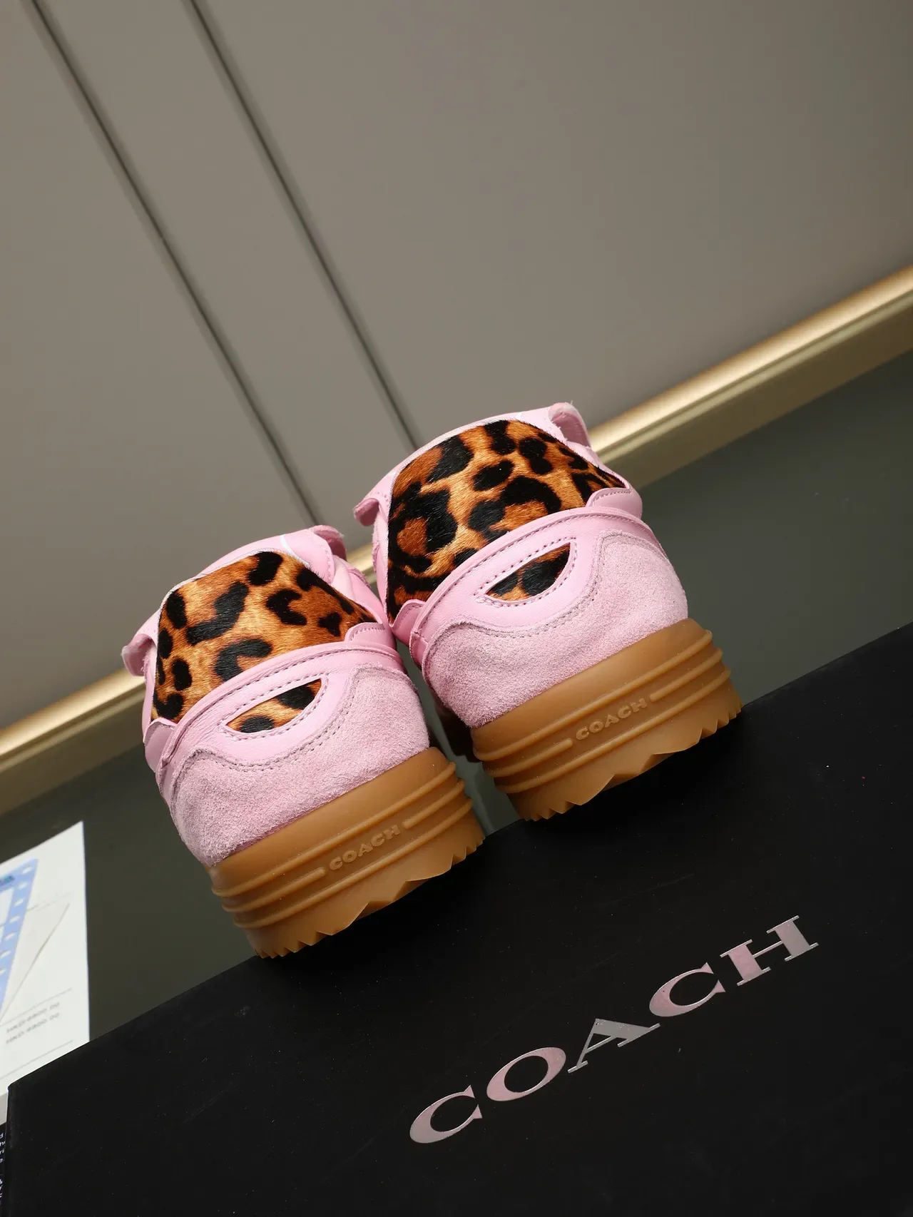 Coach Pink Brown Suede And Leather Upper Leopard-Print Heel Tab Lifestyle Sneakers 4