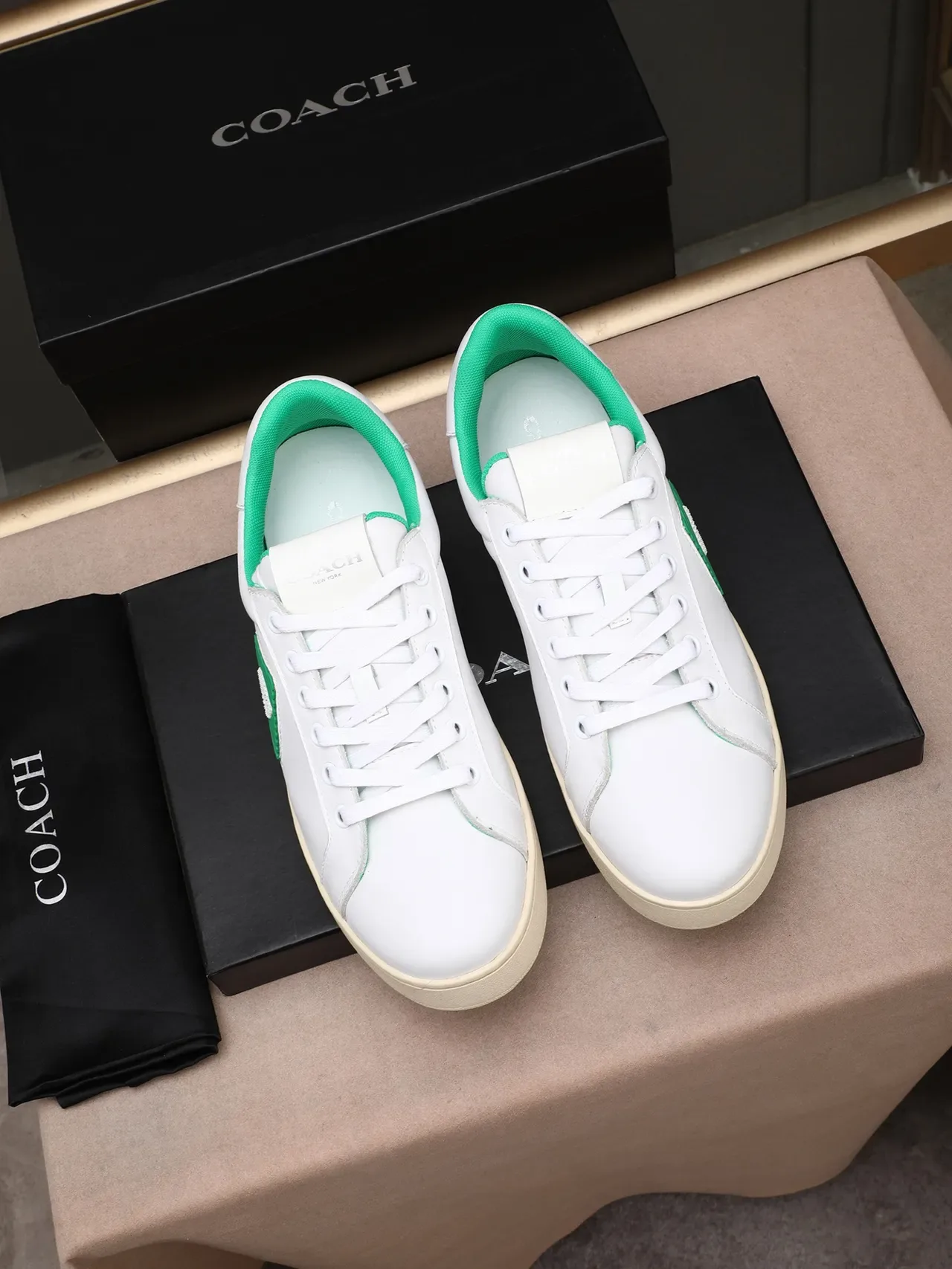 Coach White and Green C-Logo Leather Lifestyle Sneaker 3