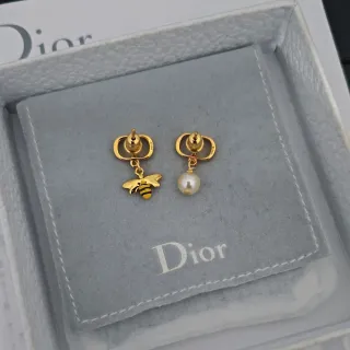 Dior Asymmetrical Bee and Pearl Drop Earrings