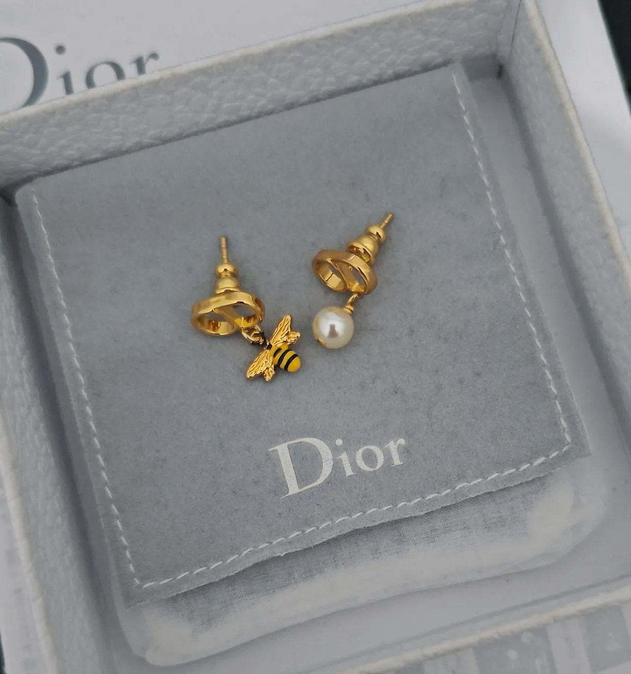 Dior Asymmetrical Bee and Pearl Drop Earrings 2