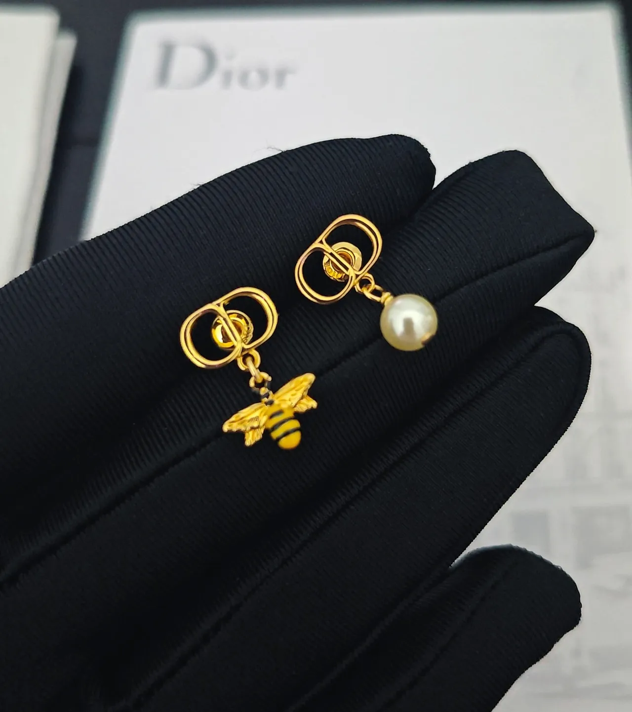 Dior Asymmetrical Bee and Pearl Drop Earrings 4