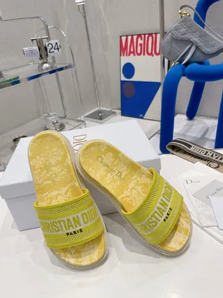 Dior B27 Yellow Green Marbled Footbed Woven Strap Slippers 2