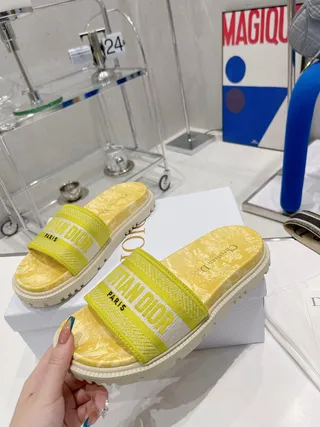 Dior B27 Yellow Green Marbled Footbed Woven Strap Slippers 3