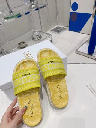 Dior B27 Yellow Green Marbled Footbed Woven Strap Slippers 4