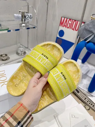 Dior B27 Yellow Green Marbled Footbed Woven Strap Slippers 6