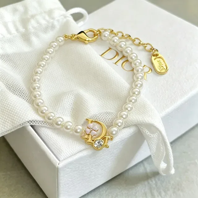 Dior Beige Gold Pearl Strand D-Charm Bracelet 6