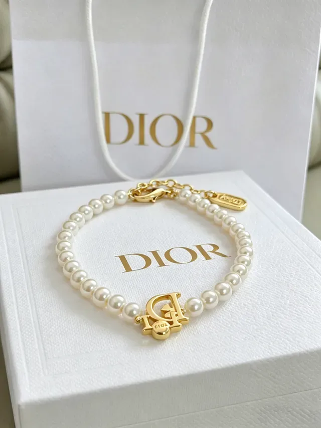 Dior Beige Gold Pearl Strand D-Charm Bracelet 8