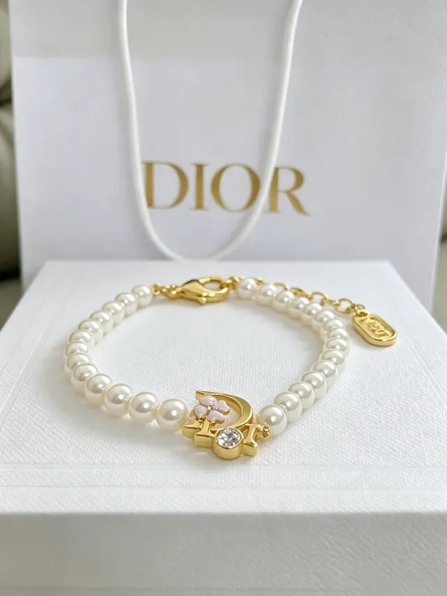 Dior Beige Gold Pearl Strand D-Charm Bracelet 9