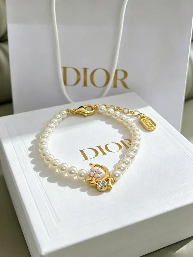 Dior Beige Gold Pearl Strand D-Charm Bracelet 10