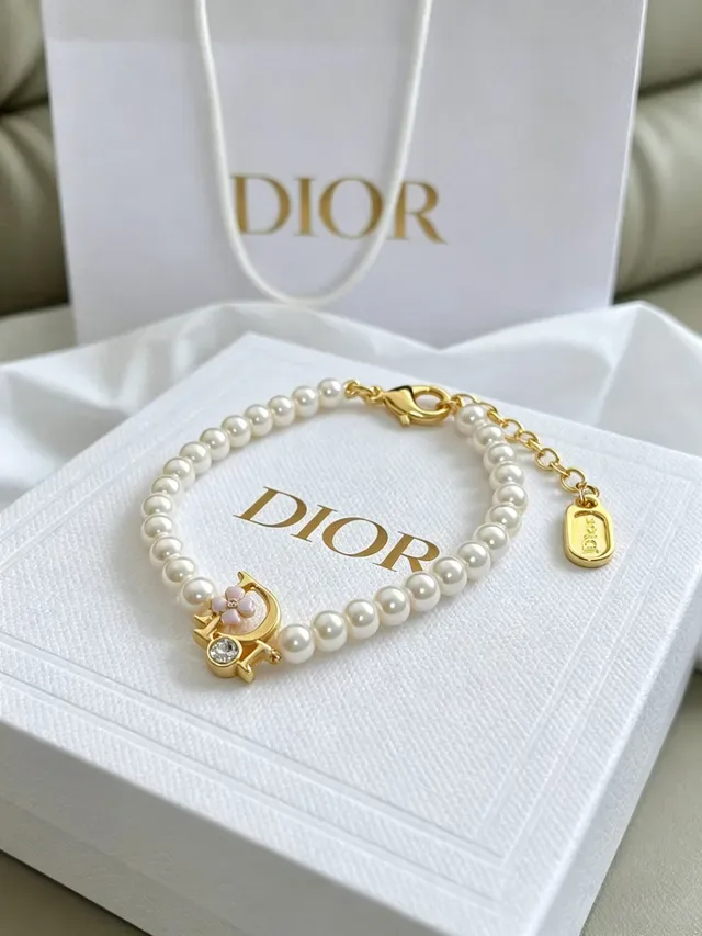 Dior Beige Gold Pearl Strand D-Charm Bracelet 11