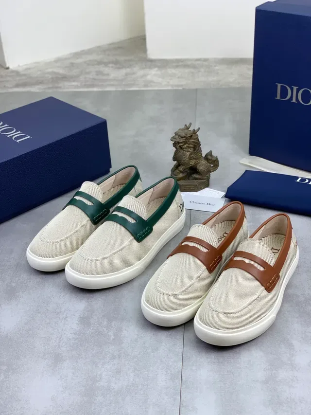 Dior Beige Green Woven Textile Upper Leather Penny Strap Loafer 2