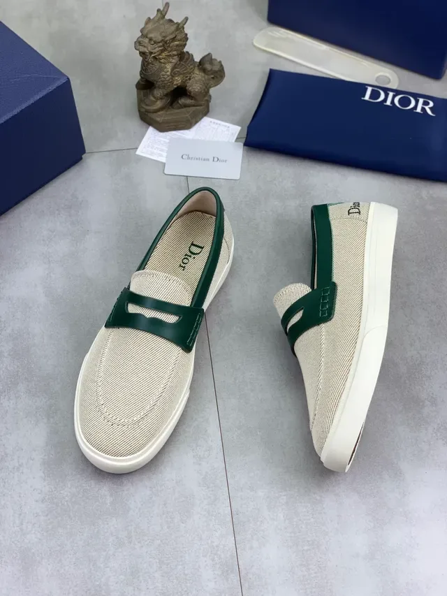 Dior Beige Green Woven Textile Upper Leather Penny Strap Loafer 6