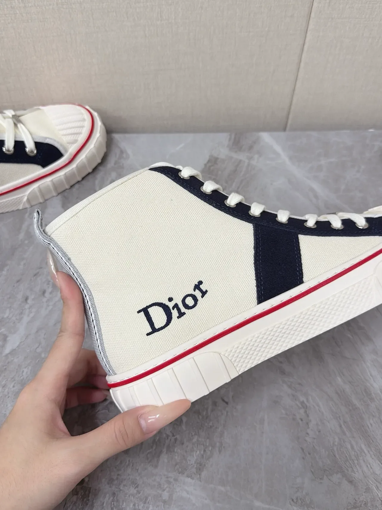 Dior Beige Navy High-Top Canvas Sneakers 4