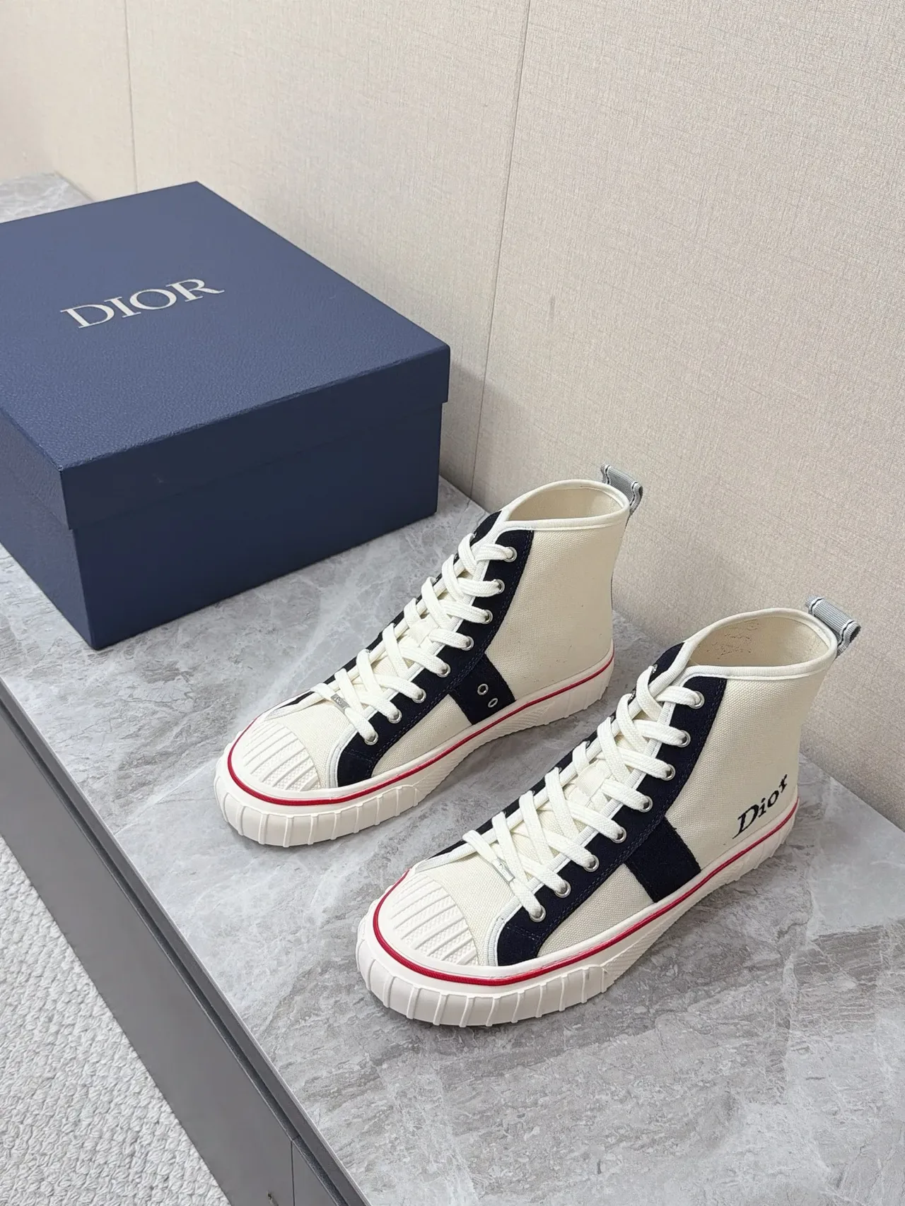 Dior Beige Navy High-Top Canvas Sneakers 5