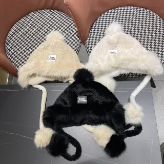Dior Black Beige Knitted Faux Fur Trim Beanie